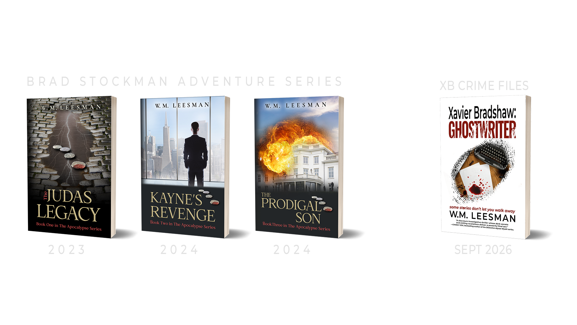 Thriller writer book covers: The Judas Legacy, Kayne's Revenge, The Prodigal Son, Xavier Bradshaw: Ghostwriter