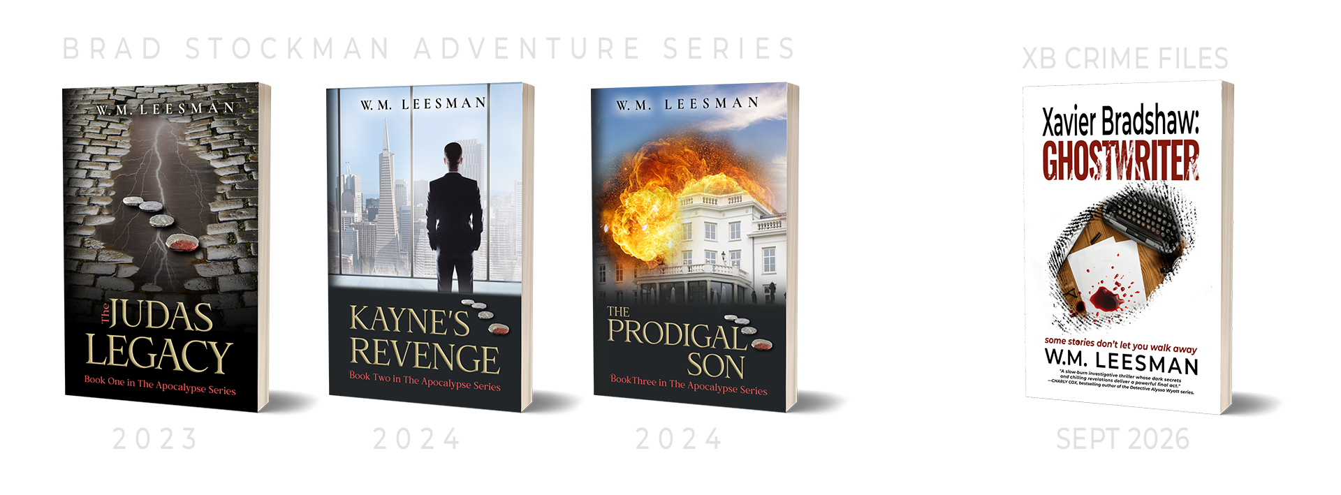 book covers: The Judas Legacy, Kayne's Revenge, The Prodigal Son, Xavier Bradshaw: Ghostwriter