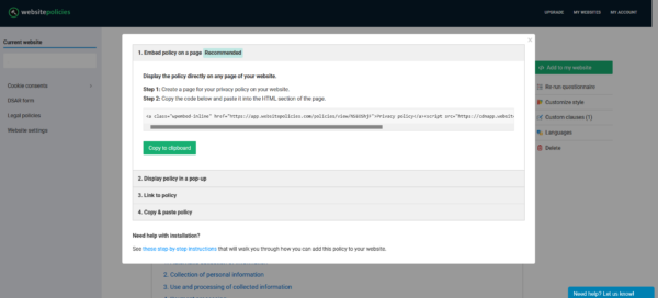 screenshot of websitepolicies.com add a policy page